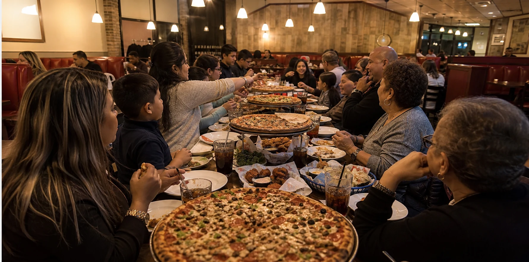 Perayaan keluarga di ruang makan Manny's Pizza